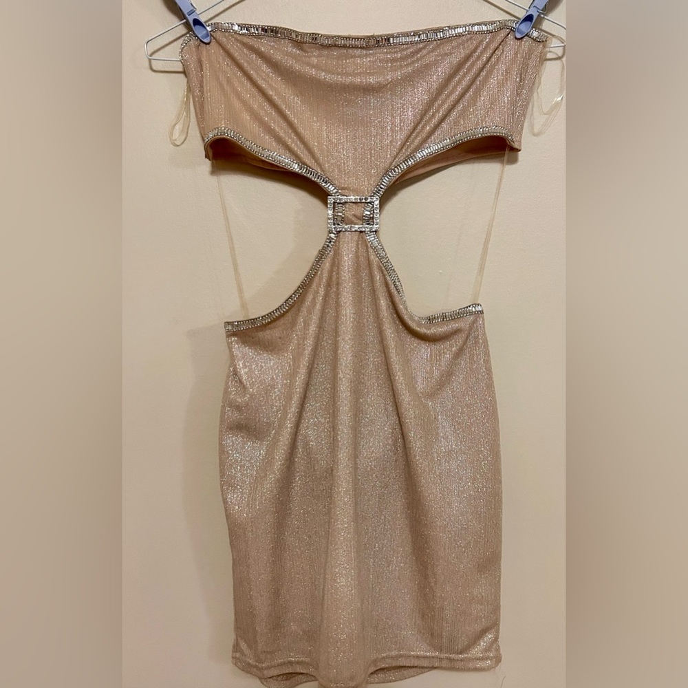 Fashion Nova Shimmering Champagne Cutout Dress with Rhinestone Buckle